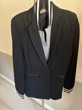 Black jacket with removable Striped Dickey and Ribbed Stripe Cuffs